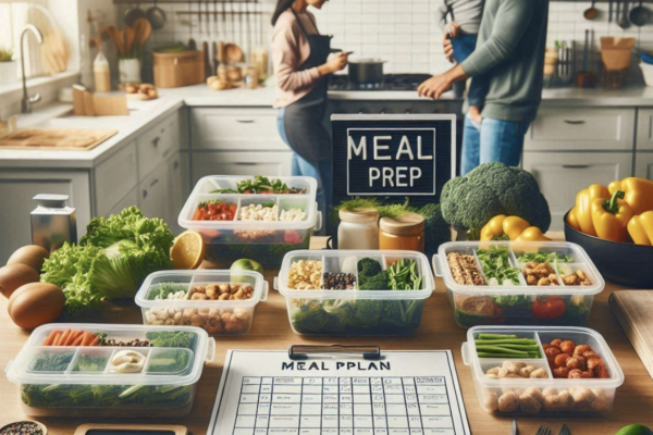 Busy parents in the kitchen meal planning.